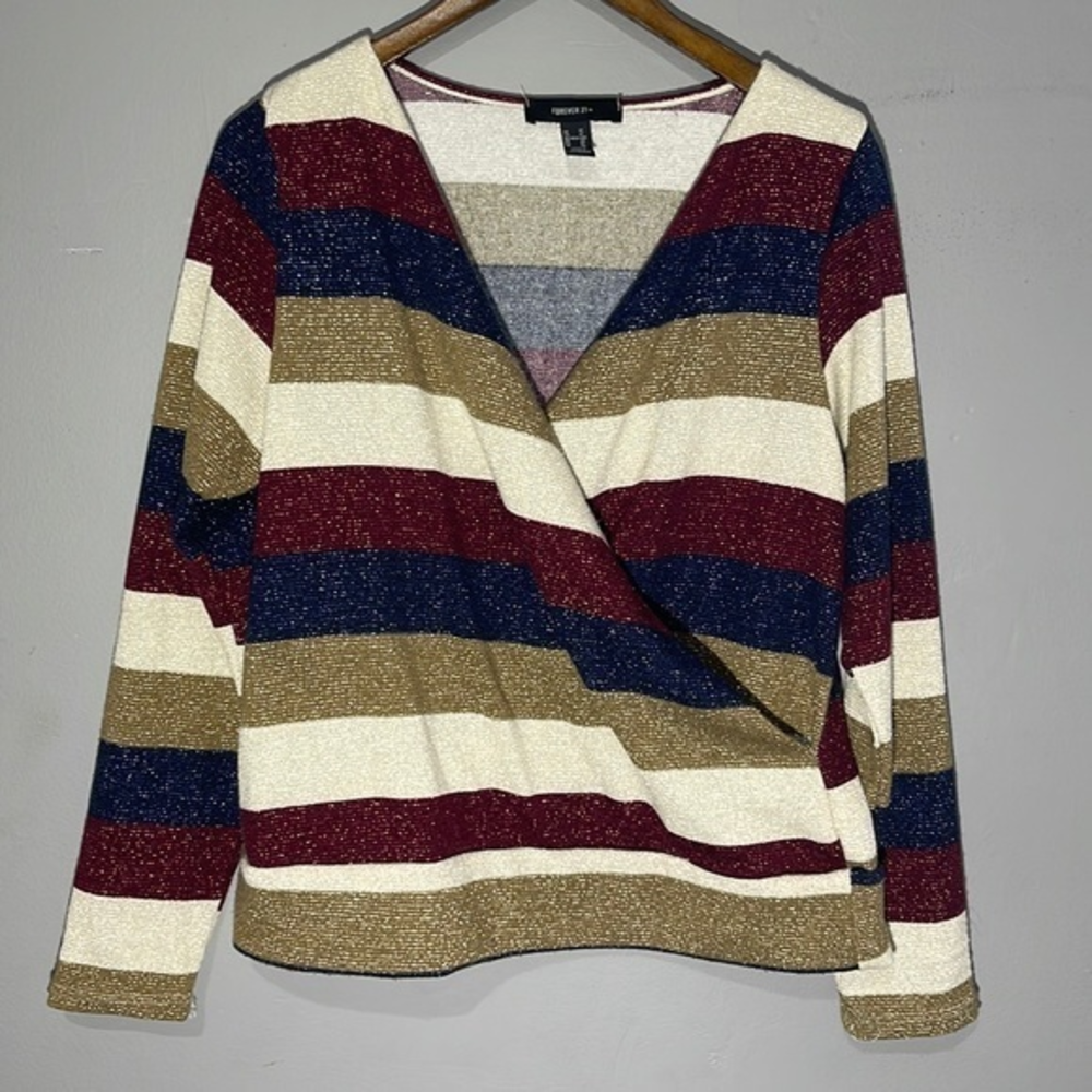 Forever 21 Striped Long Sleeve Top - Red, Gold, Blue, Cream